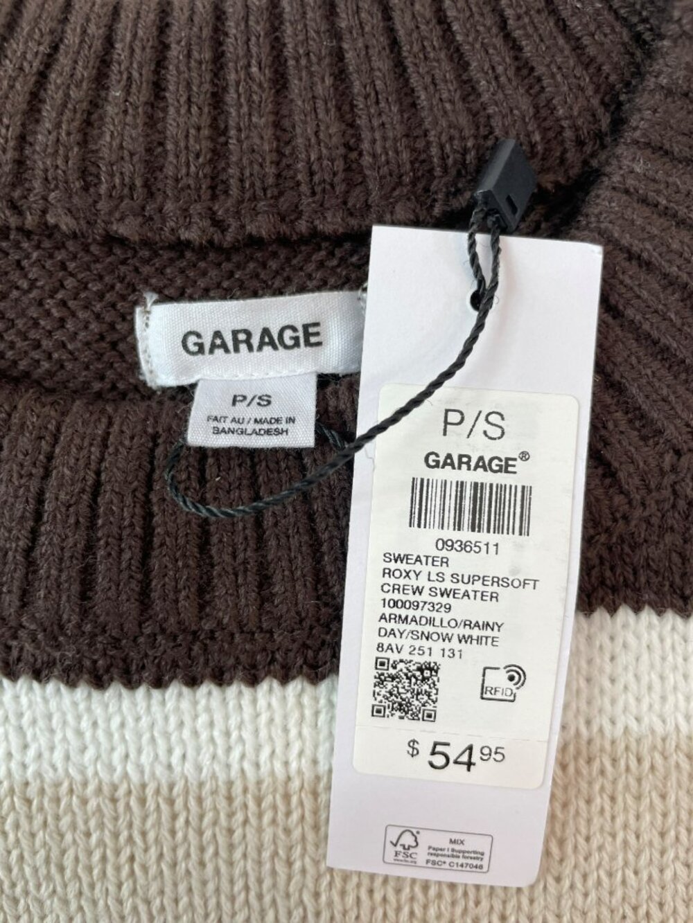 Garage Roxy Supersoft Striped Crew Neck Sweater Armadillo Brown Wmns Sz S $55NWT - Picture 6 of 6